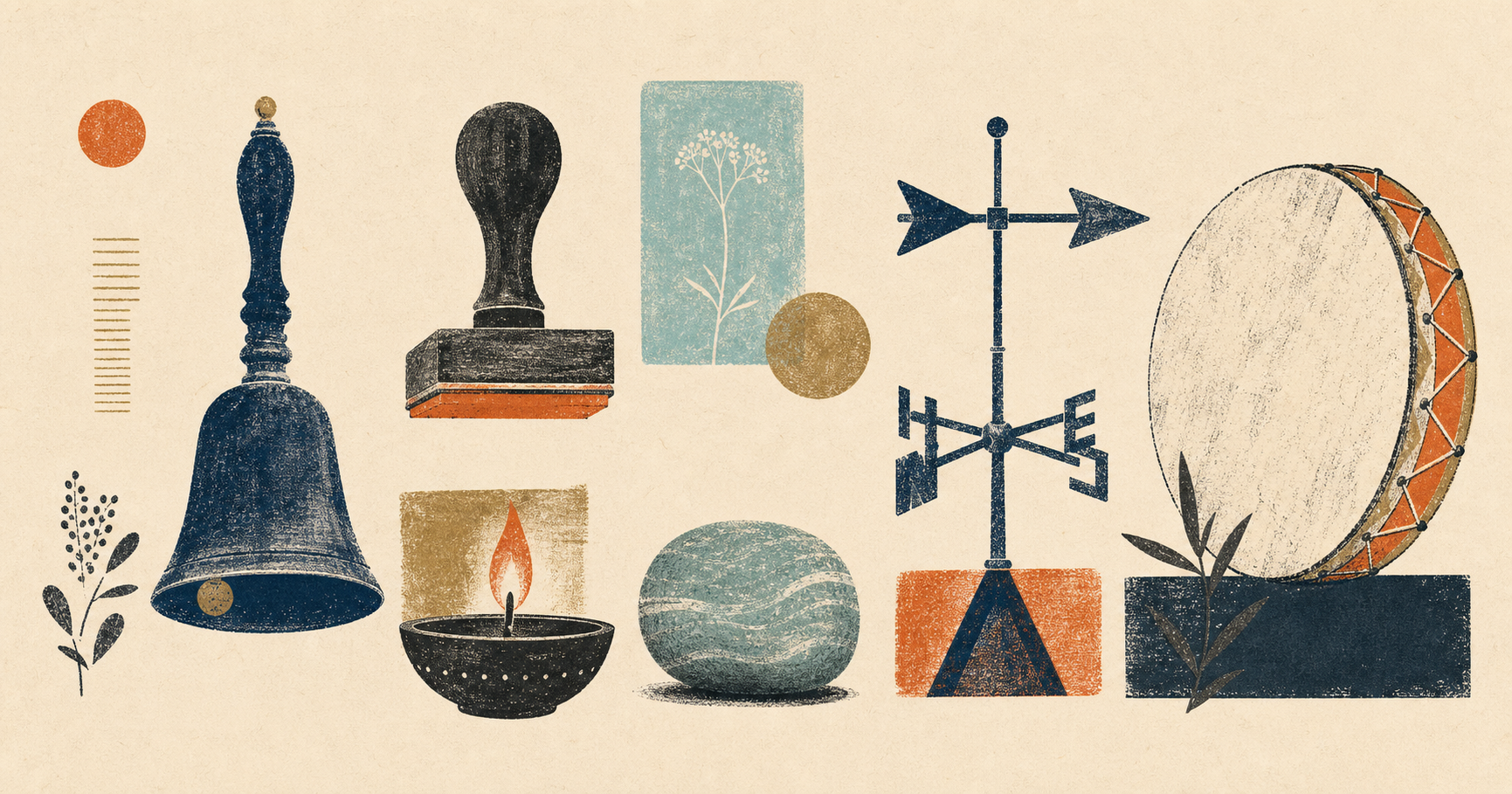 A hand bell, stamp, candle, stone, weather vane, and drum illustrated like a field guide